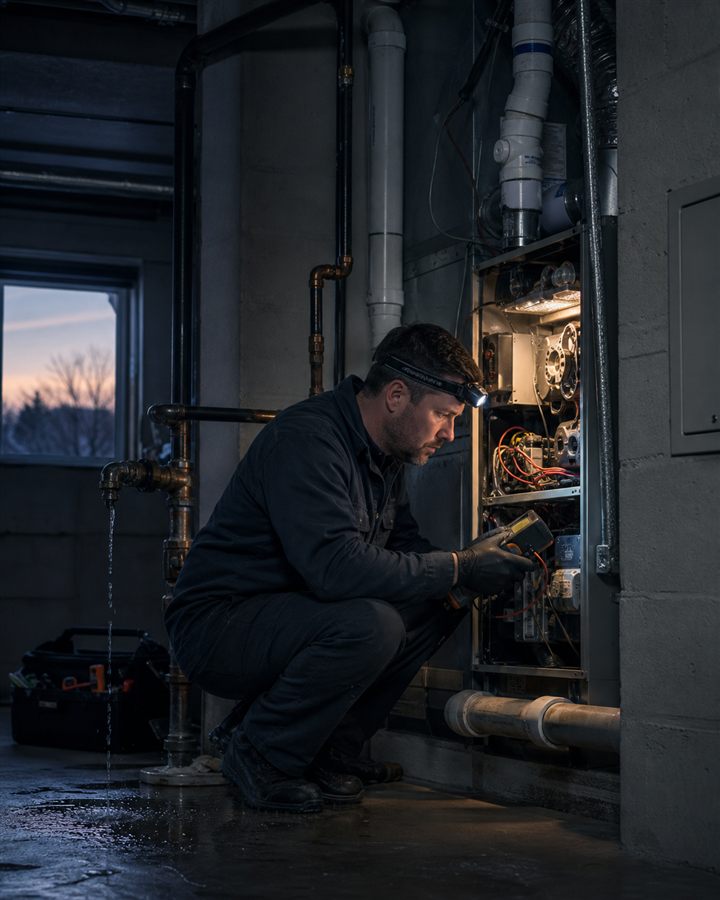 Illustrative technician diagnosing urgent HVAC equipment in a modern home