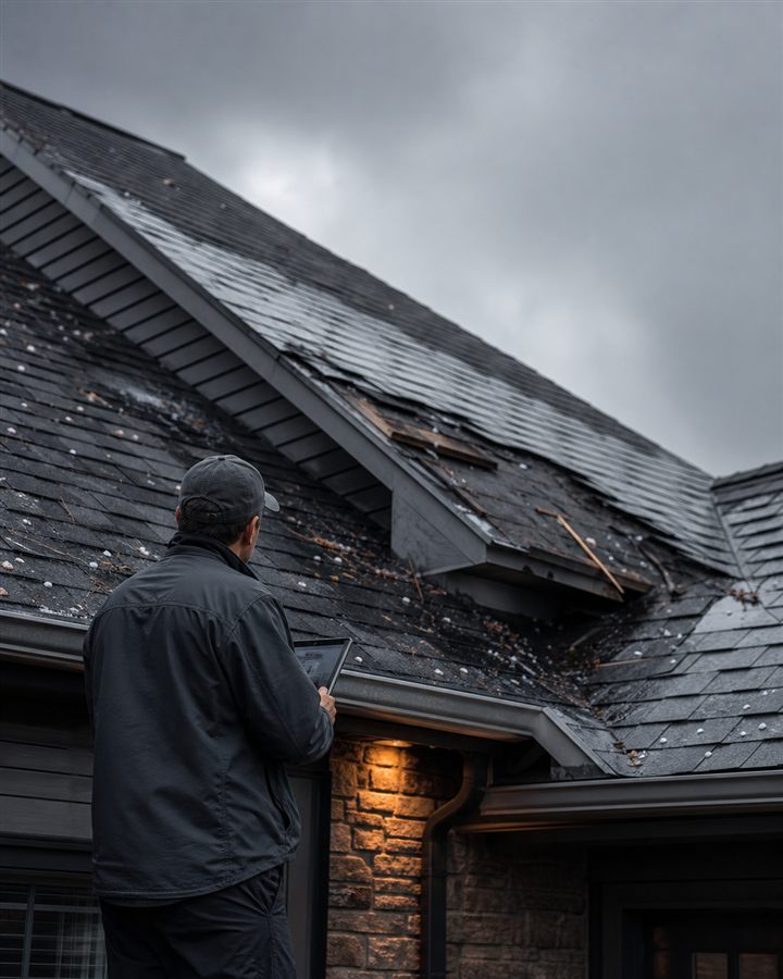 Illustrative roofing inspector assessing storm damage on a premium home